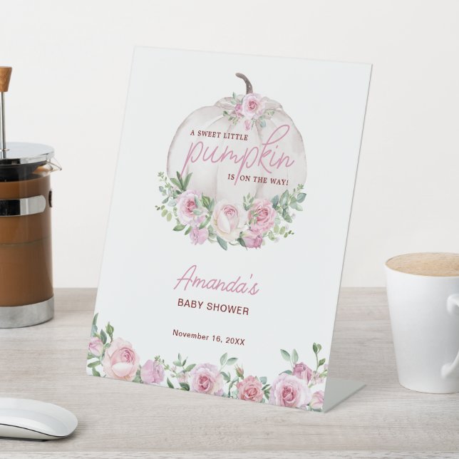 Pink Blush Floral Little Pumpkin Baby Shower Pedestal Sign (In SItu)