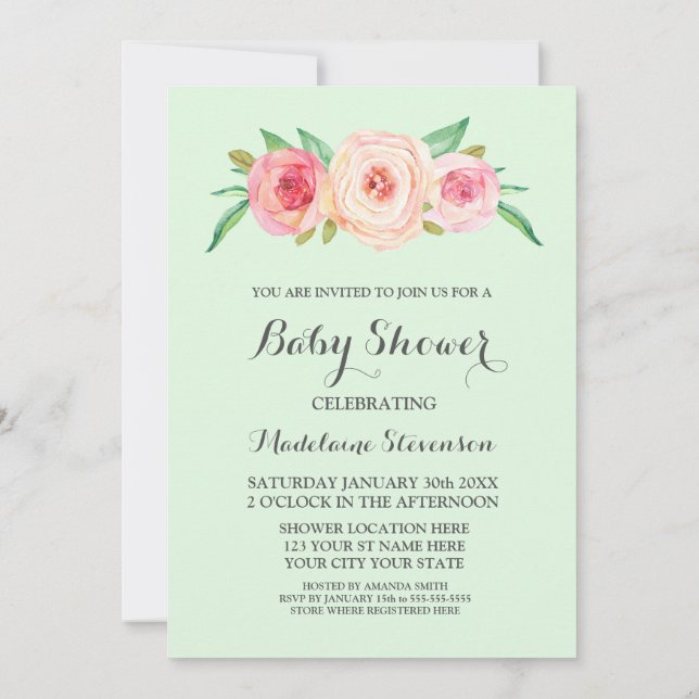 Pink Blush Floral Mint Green Wood Baby Shower Invitation (Back)