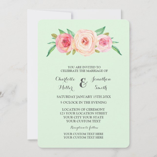 Pink Blush Floral Mint Wedding Invitations (Back)
