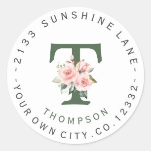 Pink Blush Floral Monogram Circular Address Label