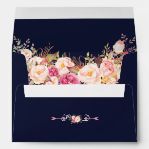 Pink Blush Floral Navy Blue Monogram Wedding Envelope