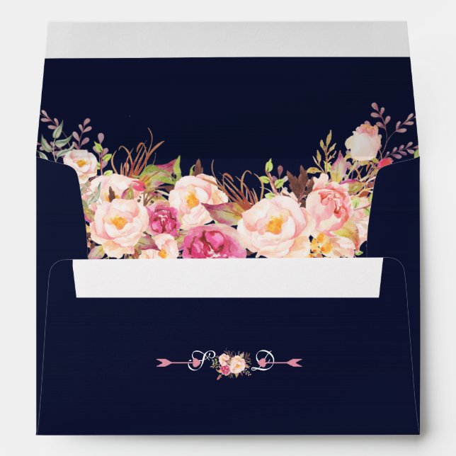 Pink Blush Floral Navy Blue Monogram Wedding Envelope (Back (Bottom))
