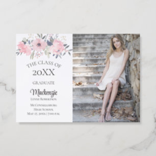 Pink Blush Floral on White Photo Graduation   Letterpress Photo Cards