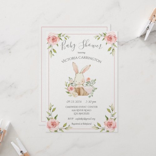 Pink Blush Floral Pearl Shimmer Bunny Baby Shower  Invitation