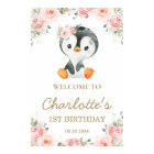 Pink Blush Floral Penguin 1st Birthday Welcome