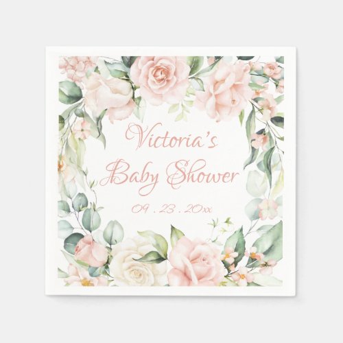 Pink Blush Floral Personalized Baby Shower  Napkins