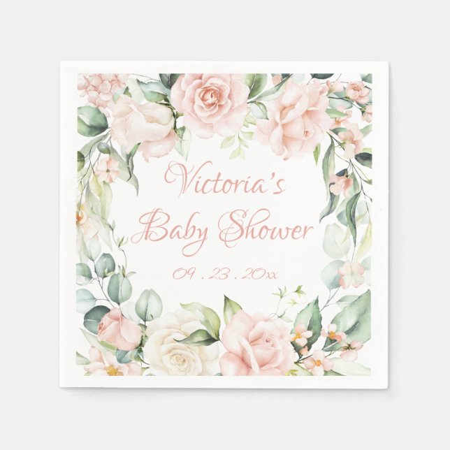 Pink Blush Floral Personalized Baby Shower  Napkins (Front)