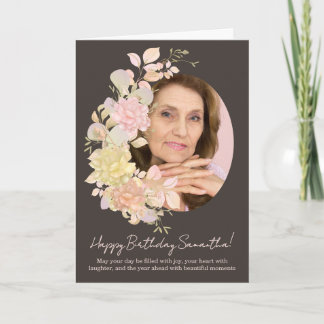 Pink Blush Floral Photo Frame Birthday Greeting Card