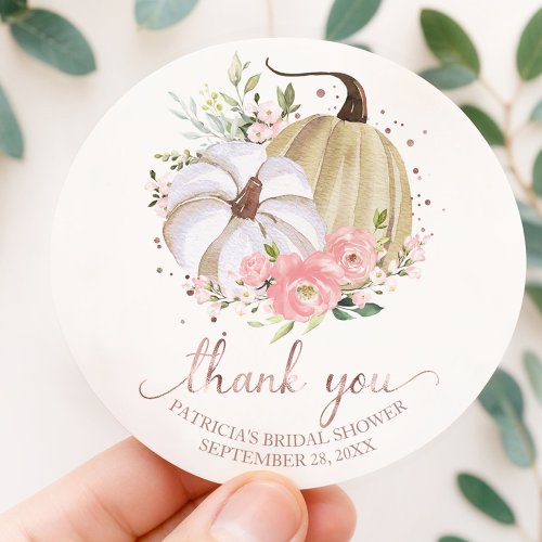 Pink Blush Floral Pumpkin Fall Bridal Shower Favor Classic Round Sticker