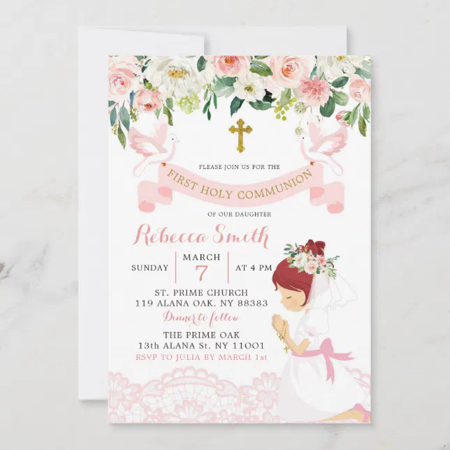 Pink Blush Floral Red Hair First Holy Communion Invitation | Zazzle