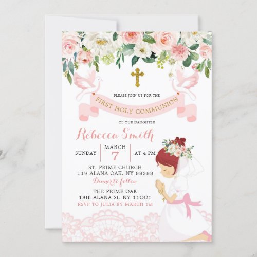 Pink Blush Floral Red Hair First Holy Communion Invitation