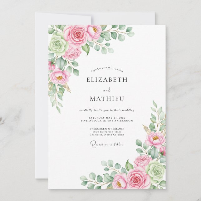 Pink Blush Floral Romance Wedding Invitation (Front)