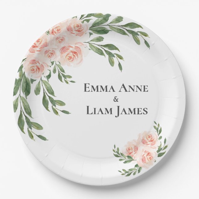 Pink Blush Floral Romantic Elegant Script Greenery Paper Plates (Front)