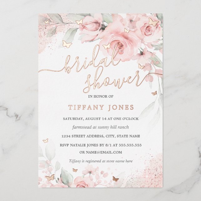Pink Blush Floral Rose Gold Bridal Shower  Foil Invitation (Front)