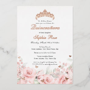 Pink Blush Floral Rose Gold Butterfly Quinceanera Foil Invitation