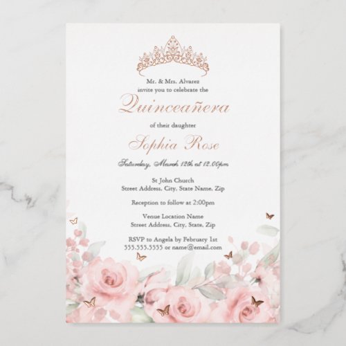 Pink Blush Floral Rose Gold Butterfly Quinceanera Foil Invitation