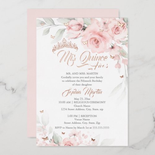 Pink Blush Floral Rose Gold Mis Quince Quinceanera Foil Invitation