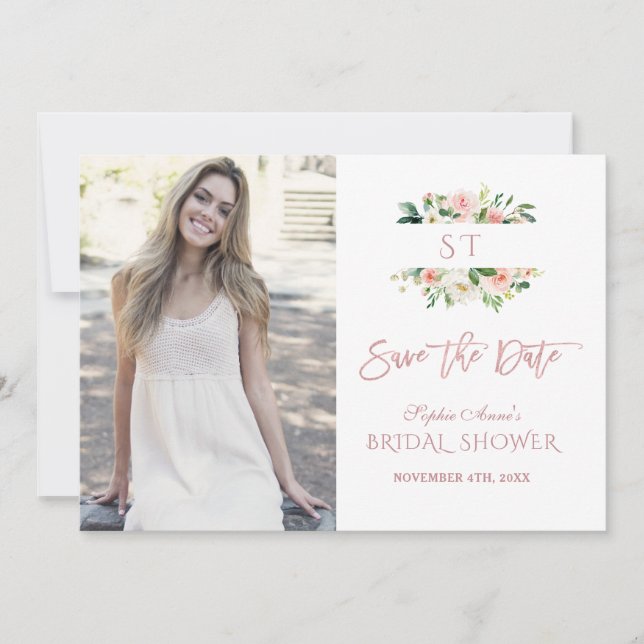 Pink Blush Floral Rose Gold Photo Bridal Shower Save The Date (Front)