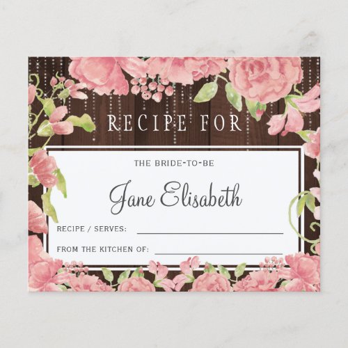 Pink blush floral rustic bride to be recipe card