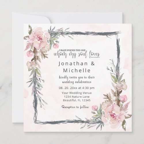 Pink Blush Floral Rustic Frame Christian Wedding Invitation