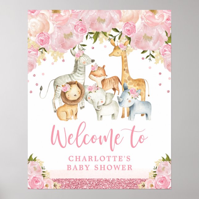 Pink Blush Floral Safari Wild Animals Welcome Baby Poster (Front)