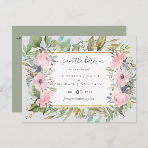 Pink Blush Floral Sage Greenery Save Dates Postcard