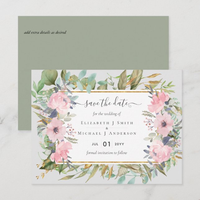 Pink Blush Floral Sage Greenery Save Dates Postcard (Front/Back)