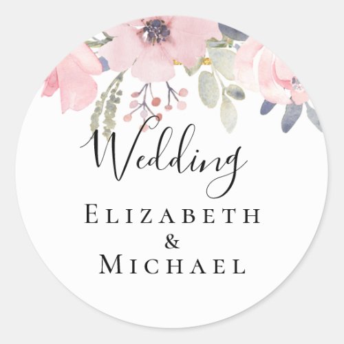 Pink Blush Floral Sage Greenery Wedding Classic Round Sticker