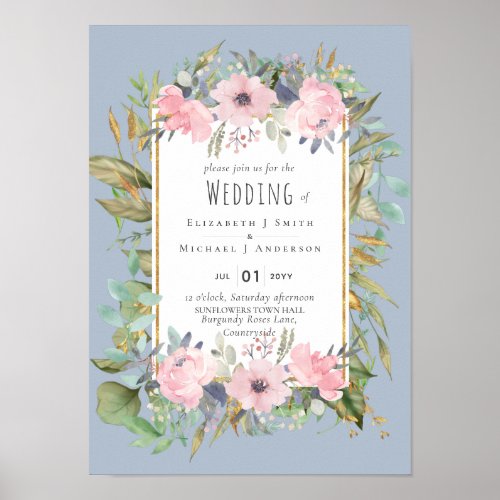 Pink Blush Floral Sage Greenery Wedding Poster