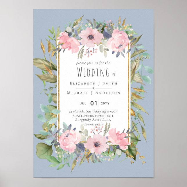 Pink Blush Floral Sage Greenery Wedding Poster (Front)