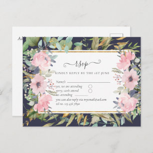 Pink Blush Floral Sage Greenery Wedding RSVP Postcard
