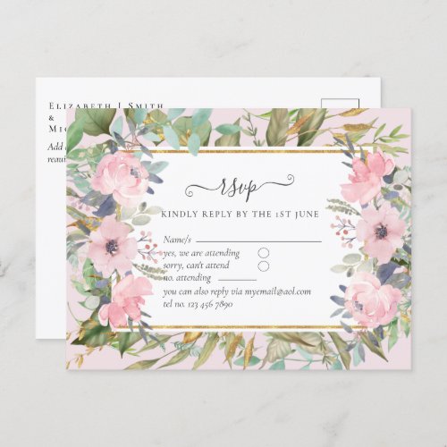 Pink Blush Floral Sage Greenery Wedding RSVP Postcard