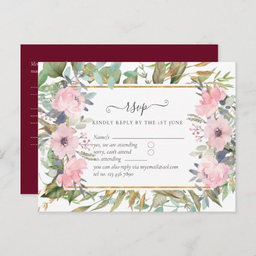 Pink Blush Floral Sage Greenery Wedding RSVP Postcard