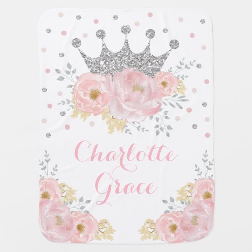 Pink Blush Floral Silver Crown Princess Nursery Baby Blanket