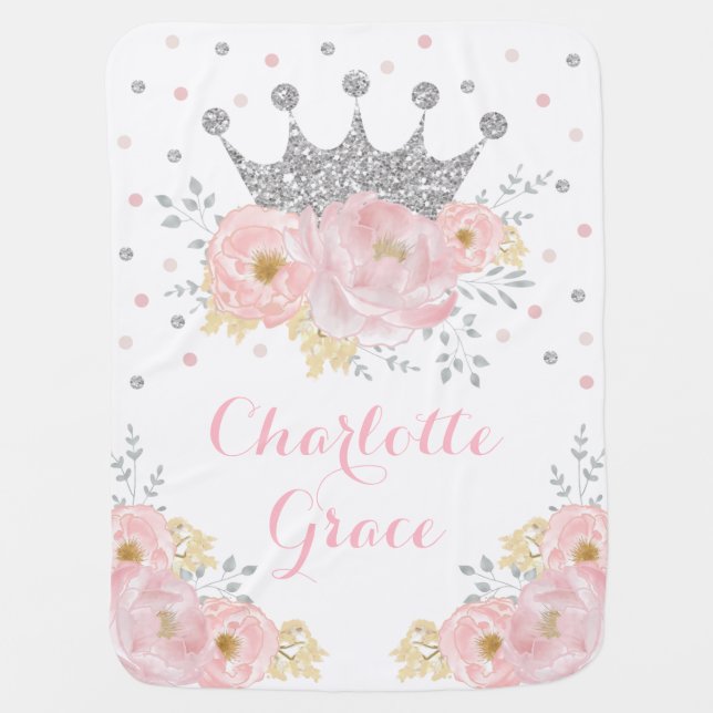 Pink Blush Floral Silver Crown Princess Nursery Baby Blanket (Front)