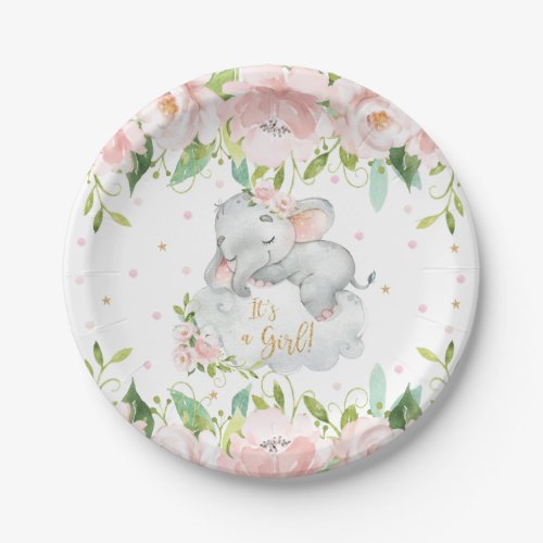 Pink Blush Floral Sleeping Elephant Baby Shower Paper Plates