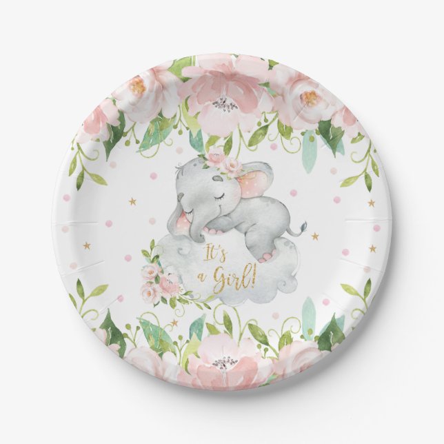 Pink Blush Floral Sleeping Elephant Baby Shower Paper Plates (Front)