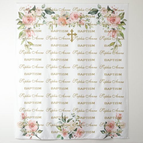 Pink Blush Floral Step  Repeat Baptism Photo Prop Tapestry