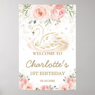 Pink Blush Floral Swan 1st Birthday Welcome Sign