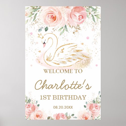 Pink Blush Floral Swan 1st Birthday Welcome Sign 