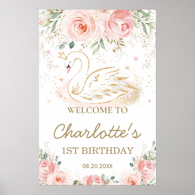 Pink Blush Floral Swan 1st Birthday Welcome Sign  (Front)
