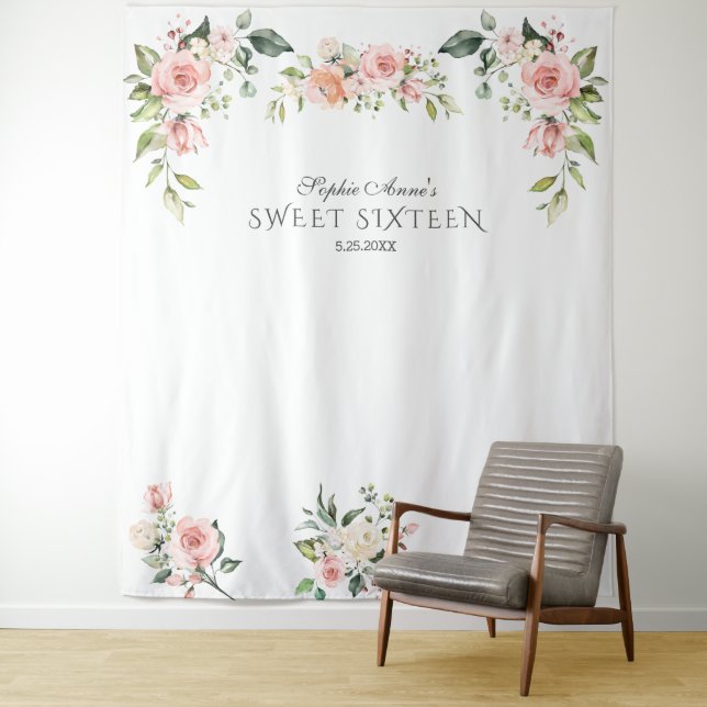 Pink Blush Floral Sweet Sixteen Photo Prop Tapestry (In Situ)