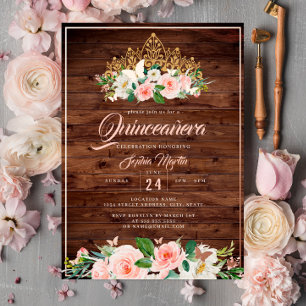 Pink Blush Floral Tiara Rustic Quinceanera Foil Invitation