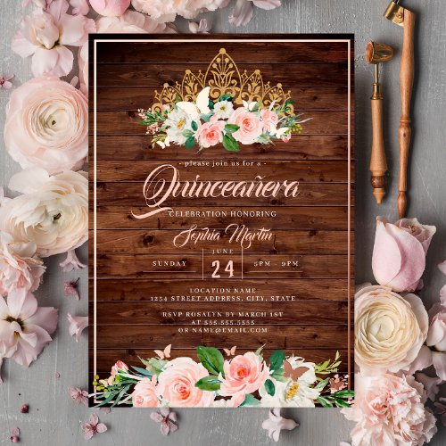 Pink Blush Floral Tiara Rustic Quinceanera Foil Invitation