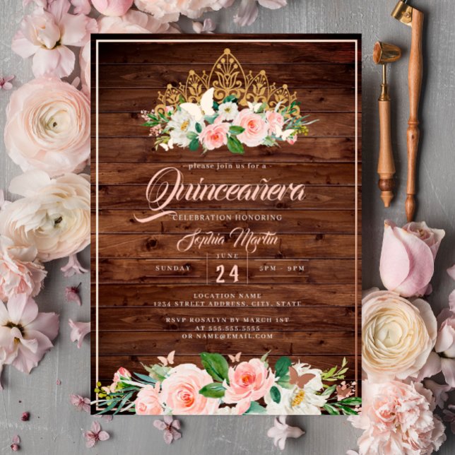 Pink Blush Floral Tiara Rustic Quinceanera Foil Invitation (Creator Uploaded)
