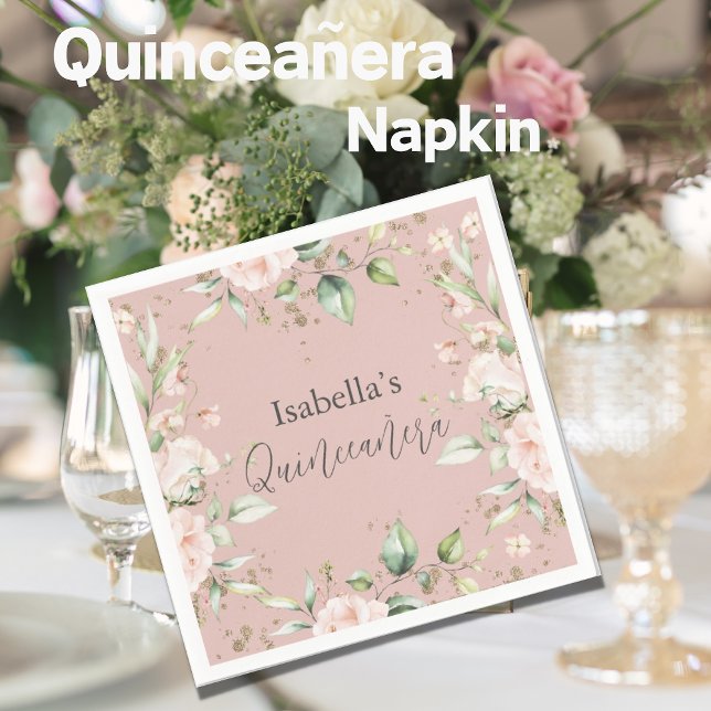 Pink Blush Floral Watercolor Quinceañera Paper Napkins (Creator Uploaded)