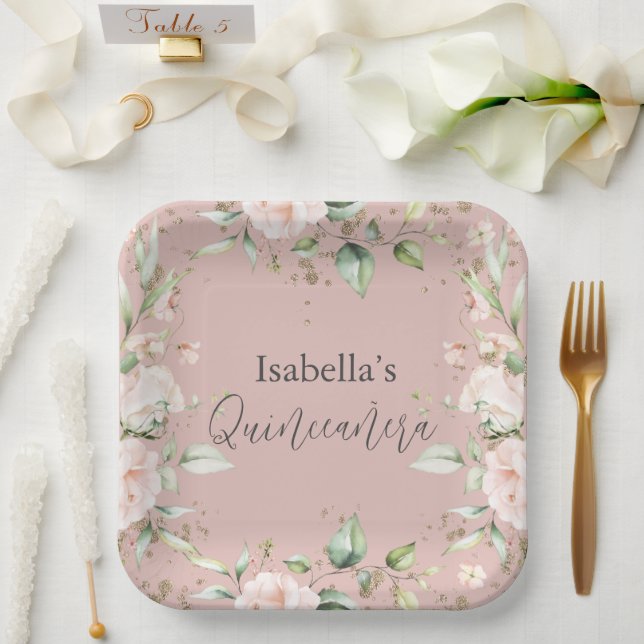 Pink Blush Floral Watercolor Quinceañera Paper Pla Plates (Wedding)