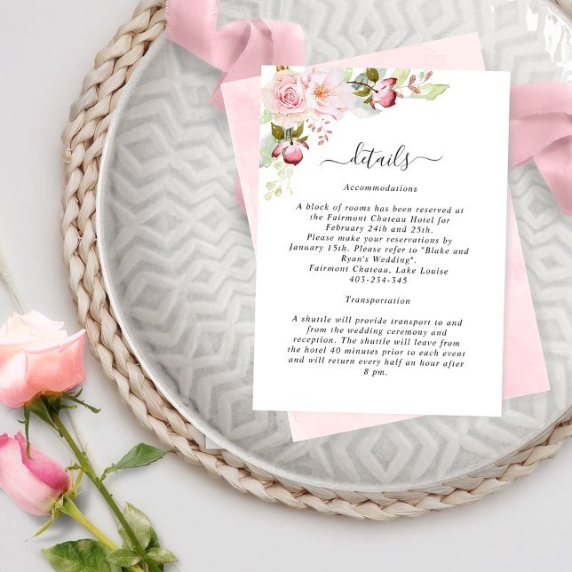 Pink, Blush Floral Wedding Details Reception Enclosure Card (Creator Uploaded)