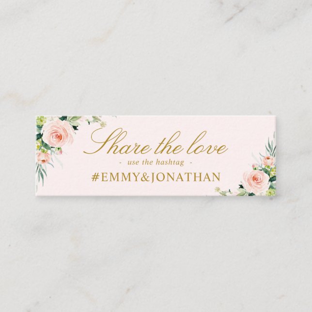 pink blush floral wedding hashtag card (Front)