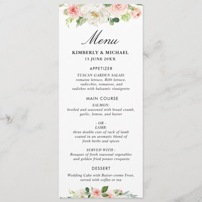 pink blush floral wedding menu (Front)